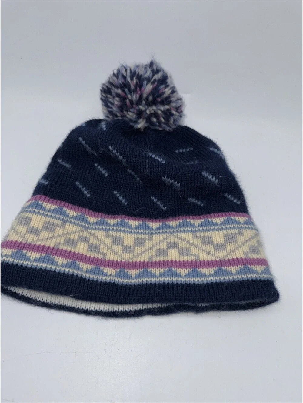 Mountain Ladies and Ewe Navy Purple Pom Pom Sk Hat Wool Made in Vermont Vintage